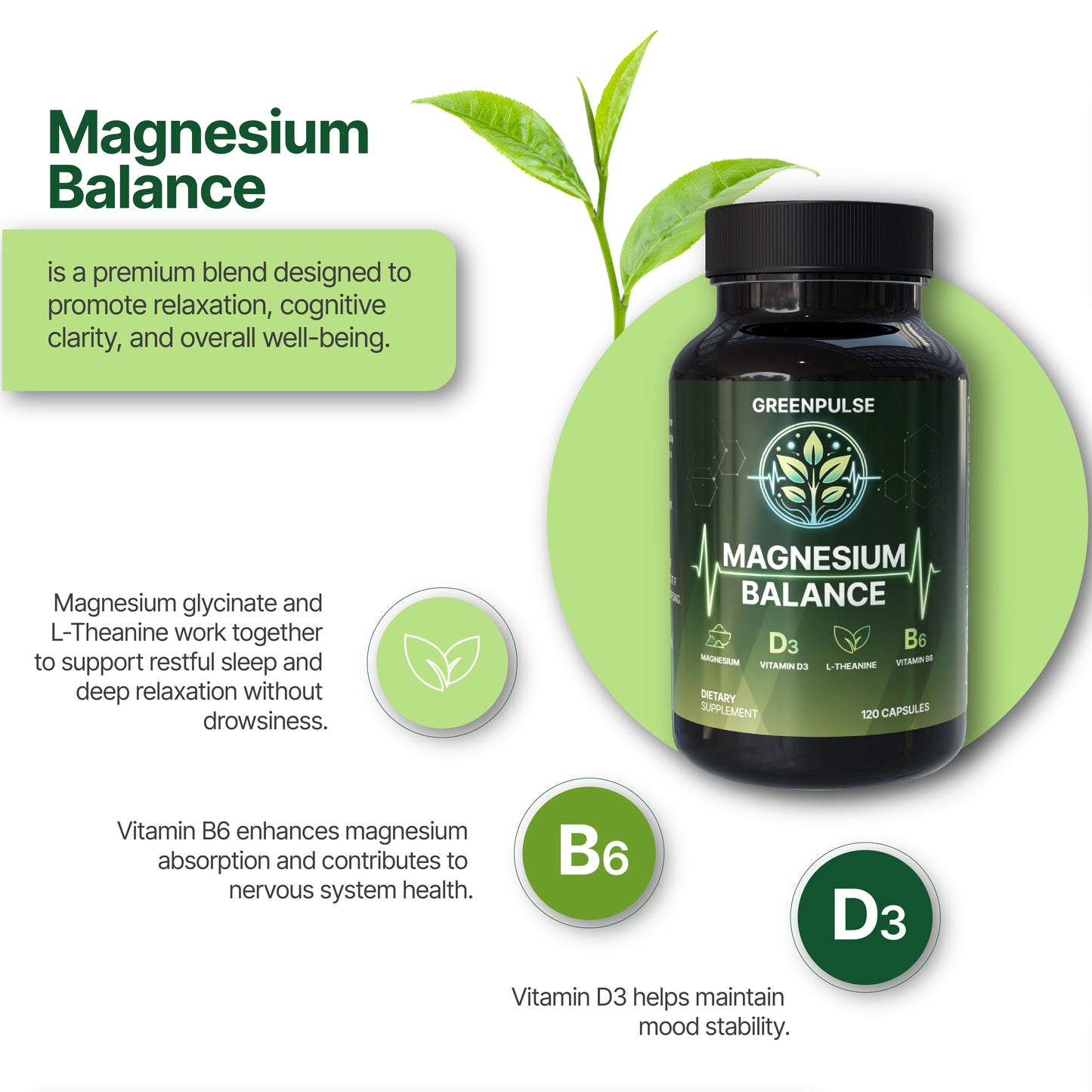 Magnesium Balance – Magnesium with L-Theanine, B6 & D3 for Relaxation, Resilience & Calm Energy - 120 capsules