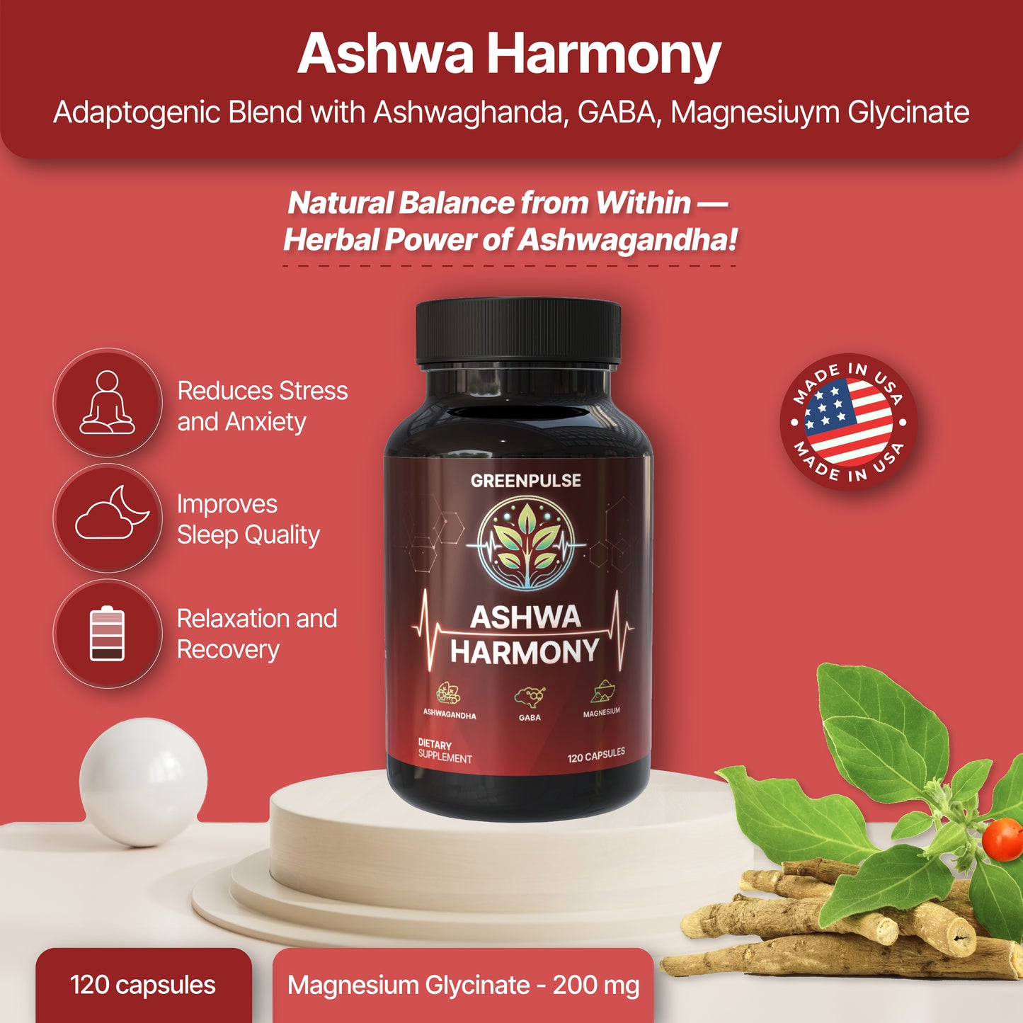 Ashwa Harmony – Adaptogenic Blend with Ashwagandha, GABA, Magnesium Glycinate for Relaxation, Resilience & Calm - 120 capsules