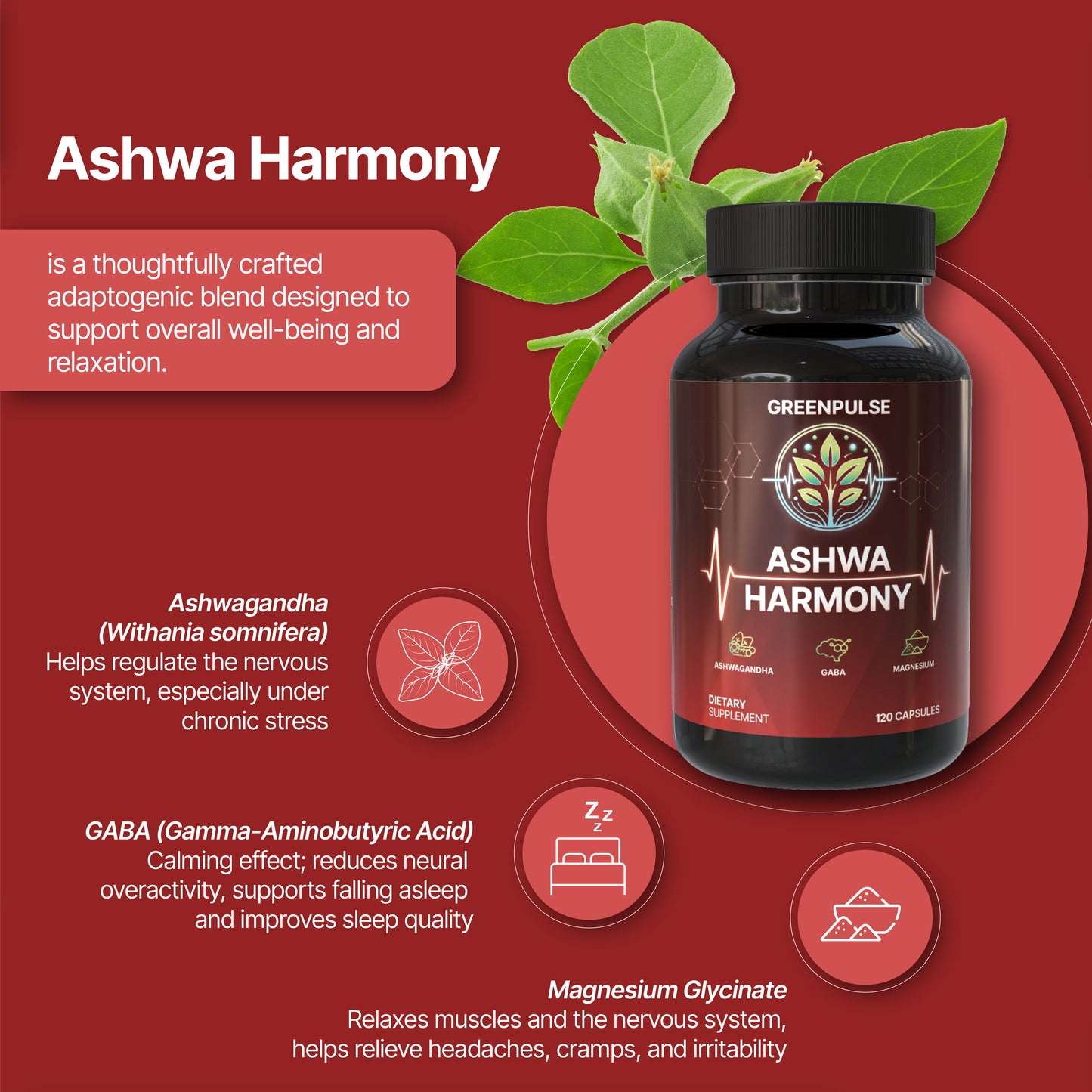 Ashwa Harmony – Adaptogenic Blend with Ashwagandha, GABA, Magnesium Glycinate for Relaxation, Resilience & Calm - 120 capsules