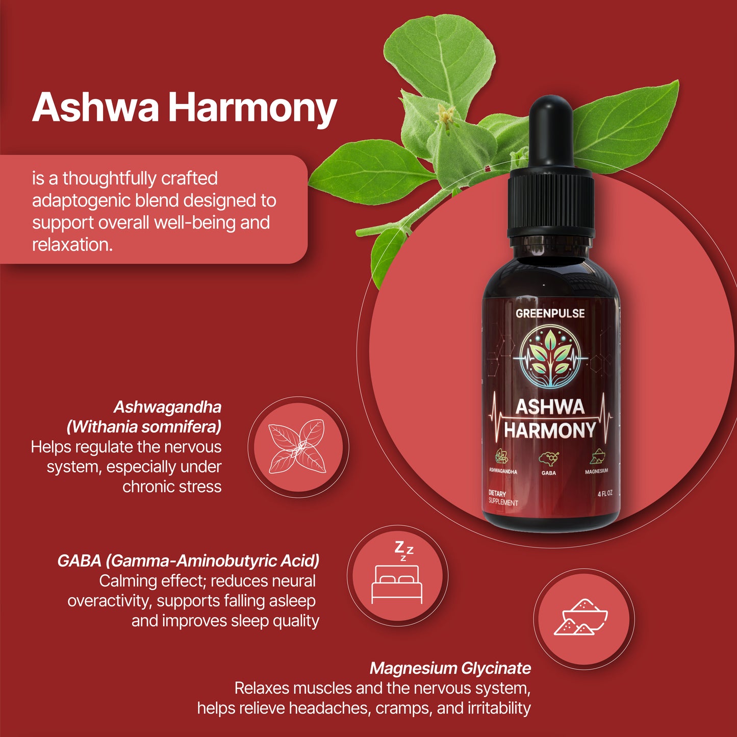 Ashwa Harmony – Adaptogenic Blend with Ashwaghanda, GABA, Magnesiuym Glycinate for Relaxation, Resilience & Calm - 4 fl oz